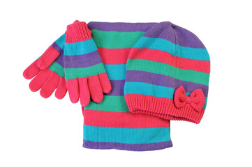 knitted set - Cap, scarf and gloves on a white background