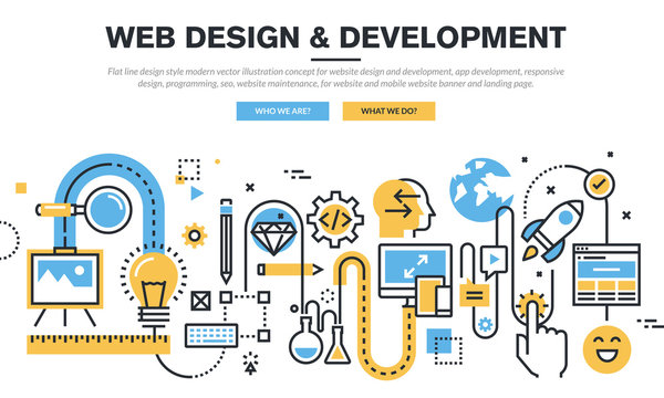 Flat line design vector illustration concept for website design and development, app development, responsive design, programming, seo, website maintenance, for website banner and landing page.