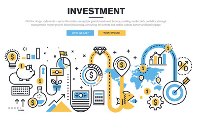 Flat line design concept for global investment, finance, banking, market data analytics, strategic management, money growth, financial planning, consulting, for website banner and landing page.