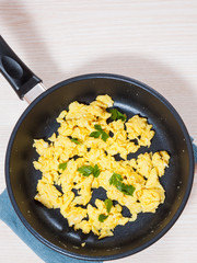 Scrambled egg in a frying pan.