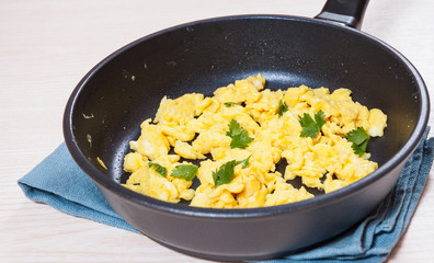 Scrambled egg in a frying pan.