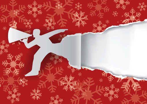 Christmas background with promotion man 
Man advertises or sells shouts in a megaphone on the red paper christmas background with place for your text or image.   Vector  available.
