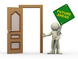 3d man, open door and future ahead sign