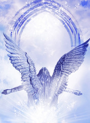 Arising Archangel with big wings and mystical gate