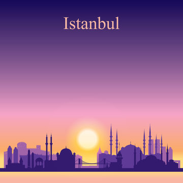 Istanbul city skyline silhouette on sunset background