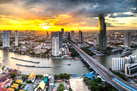 View of Chaophraya river at twilight time, Bangkok, Thailand 