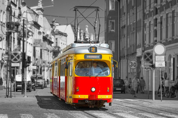 Fototapeta na wymiar Old tram on the street of Grudziadz, Poland