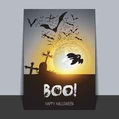 Halloween Greeting Card Design Template - Flying Bats and a Ghost Over the Cemetery in the Dusk