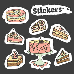 Hand drawn sweet cakes colorful stickers set. Bakery vector elements sketch.  Pastry labels in doodle style