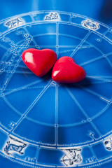 two red hearts over blue astrology background