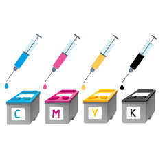 CMYK ink cartridges in perspective. Syringe with a drop