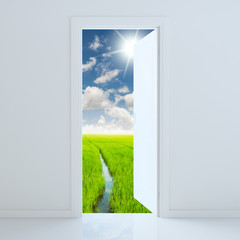 door open to beauty green field