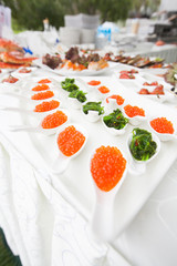 red caviar close-up in white spoons on banquet
