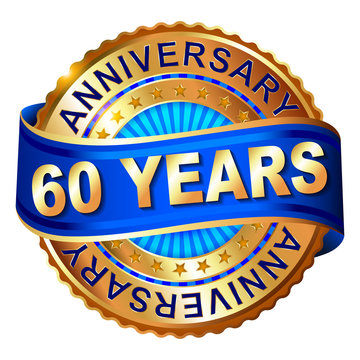 60 Years Anniversary Golden Label With Ribbon.