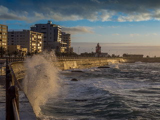 Powerful Ocean waves crushing on the sea promenade in Cape Town