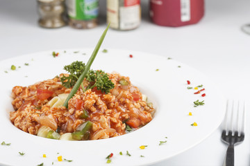 Macaroni with tomato chicken sauce