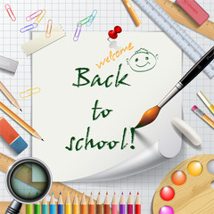 Welcome Back to school background or card with rulers, pencils,