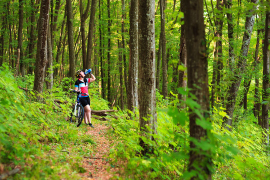 Female tourist and bicycle enjoying wood view from path