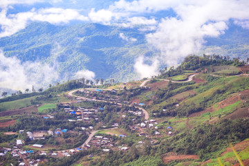 Landscape view of raod on the mountains with coulds in the countryside of Thailand (Phu tub berk)