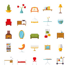Home Interior Flat Design Vector Icons Collection. Set of 25 isolated interior, furniture and home decoration flat icons