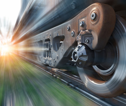 Fototapeta Industrial rail train wheels closeup technology perspective conceptual background