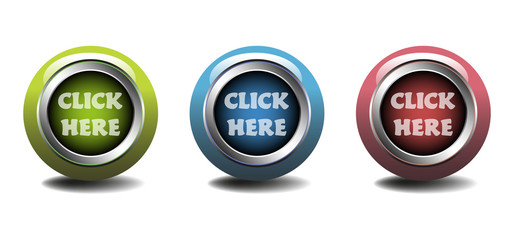 Set of three buttons with the text click here written on each button