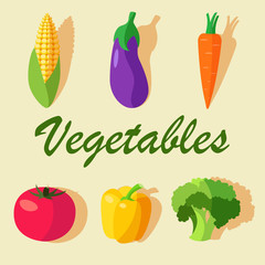 Vector Icons Vegetables Flat Style Set with Eggplant, Carrot, Corn, Pepper, Broccoli, Tomato