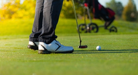 Close-up of man playing golf on green course