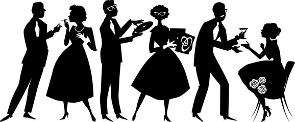 Vector silhouette of people dressed in 1950s fashion at the party, socializing, EPS 8, no white objects, black only 