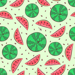 Watermelon seamless pattern with whole watermelon, slices and