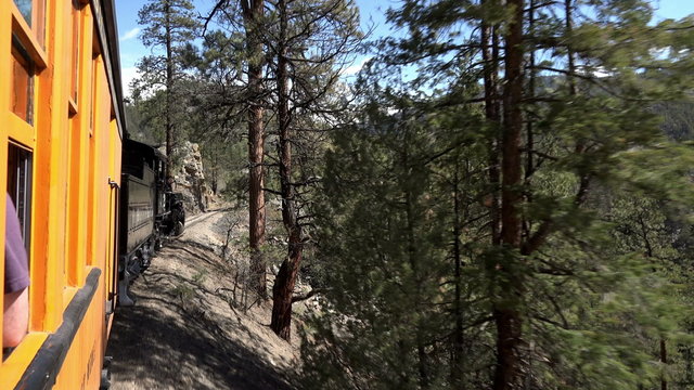 Railroad steam engine Colorado mountain forest POV 4K 124
