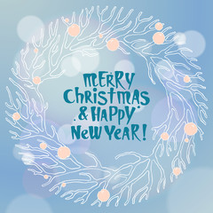 Merry Christmas and New Year illustration with wreath. 