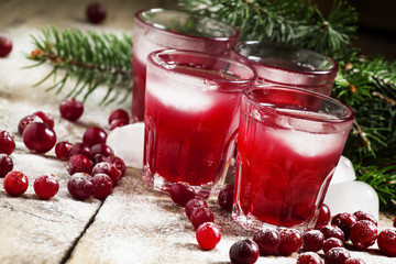 Christmas cranberry cocktail with ice, decorated with fir branch