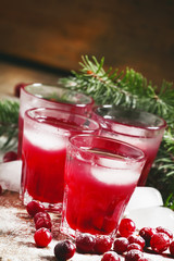Christmas cranberry cocktail with ice, decorated with fir branch