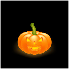 Halloween pumpkin vector illustration, Jack O Lantern isolated on black background. Scary orange picture with eyes and candle light inside.