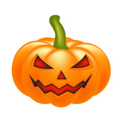 Halloween pumpkin vector illustration, Jack O Lantern isolated on white background. Scary orange picture with eyes and candle light inside.