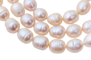 three strings of beads from pink river pearls