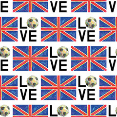 Love football. Seamless pattern with British flag of the United Kingdom vector background. Perfect for wallpapers, pattern fills, web page backgrounds, surface textures, textile
