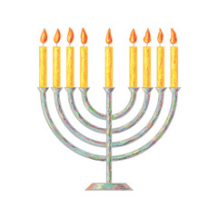 Beautiful menorah candlestick with candle and flame. Vector illustration for Hanukkah, jewish holiday. Isolated on white background