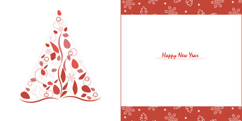 Happy new years pine tree with red leaves and snowflake greeting card vector