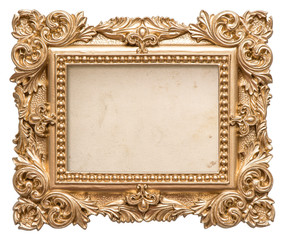 Golden picture frame with grungy canvas. Vintage baroque object