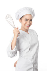 Naklejka premium Woman Chef white background in studio shot