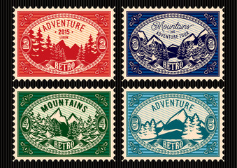 Obraz premium stamps with fir forest and mountains