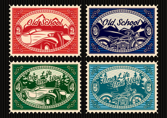 Obraz premium set of stamps with the car and motorbike