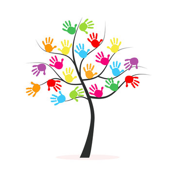 Tree with colorful hand prints vector background