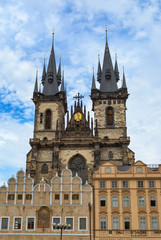 Fototapeta na wymiar The Tyn Church in the summer in Prague on a blue sky background
