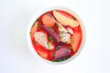 vegetable soup with beetroot, carrot, onion and pork