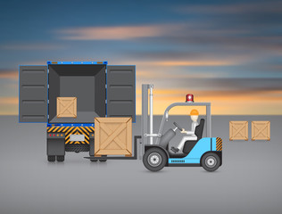 Vector of operator, driver or worker to sorting wooden crate box into storage or cargo container by forklift ar port for logistic, shipping and delivery. Freight transport and distribution industry.