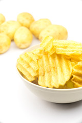 Potato chips on white background..