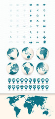 Detailed World Map and Navigation Icon Set with Globes